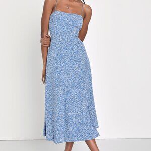 Lulus Charming Dedication Blue Floral Sleeveless Lace-up Midi Dress - Size M